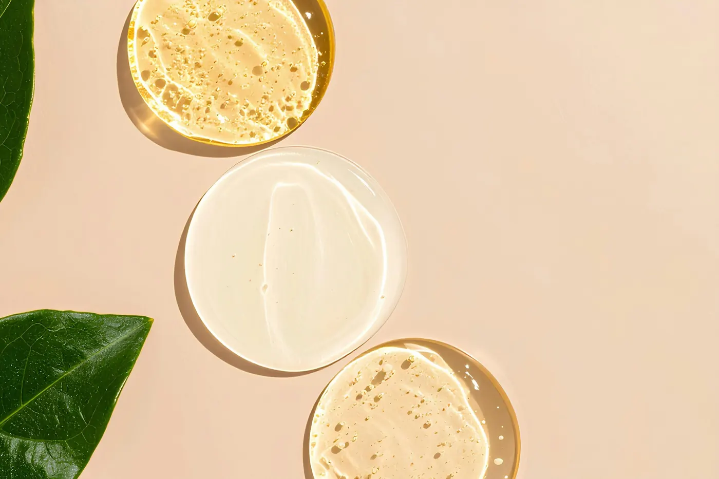 Three skincare texture swatches in glass dishes beside green leaves